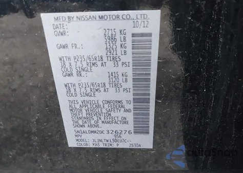 2013 Infiniti Jx35 z USA, uszkodzony, nr VIN 5N1AL0MM2DC326276